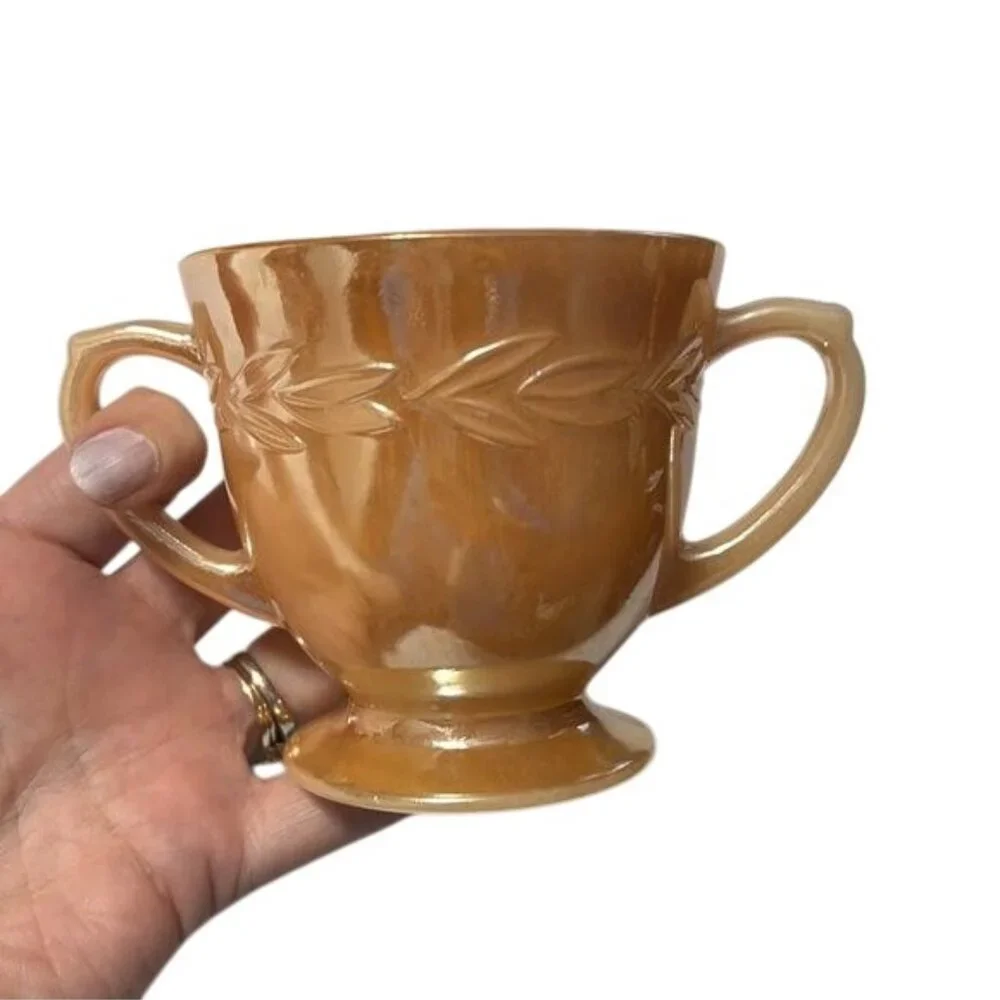 Vintage Fire-King Peach Lustre Creamer & Sugar Set With Laurel Pattern - Picture 4 of 8